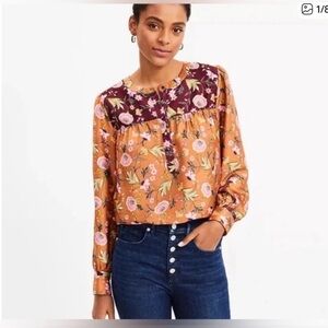 Loft Rust Mix Floral Print Long Sleeve Henley Top size M NWOT